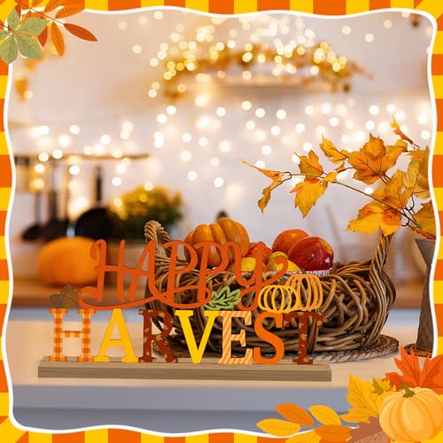 Fall Decorations for Home Metal Happy Harvest Sign, Orange Harvest Pumpkin Table Decor Thanksgiving Tiered Tray Decor Rustic Autumn Metal Sign Tabletop Centerpiece for Home Mantel Shelf Desk - style: Happy Harvest