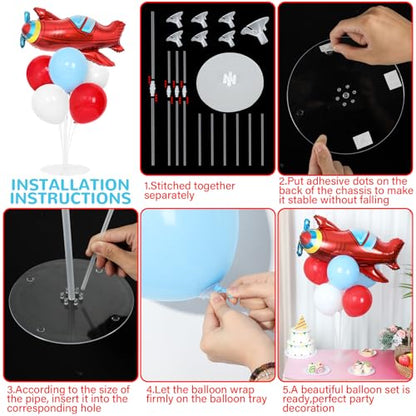 Airplane Birthday Party Balloons Stand Kit 2 Sets with 2 Plane Helicopter Foil Balloons Red Blue White Balloon Centerpiece for Tables for Adventure Time Flies Birthday Baby Shower Party Decoration - style: Airplane