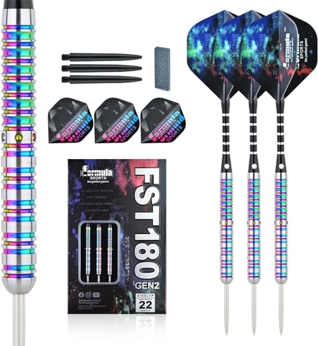 Formula Sports 90% Tungsten Steel Tip Darts Set - Professional Darts Metal Tip Set Available in 21g/22g/23g/24g, with Aluminum Shafts, Tungsten Barrels, Extra Flights, Sharpener - color: colorful, size: 22g