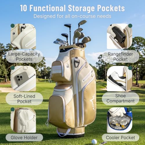 uniHimal Golf Cart Bag, 15 Way Organizer Divider Top with Handles | 15 Separate Compartments,Extra Storage Pockets,Rain Cover,Comfortable carry handles,Tough Abrasion‑Resistant Materials - color: Gold