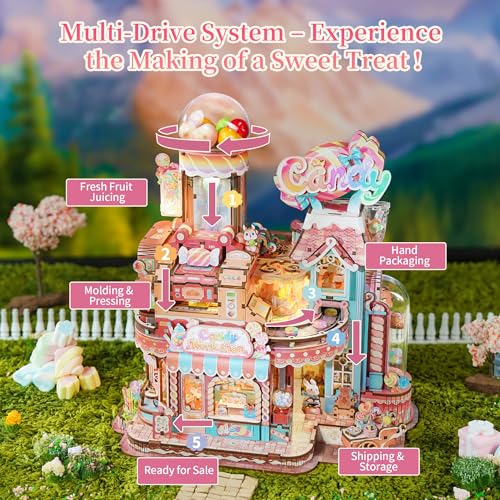 Tonecheer 3D Wooden Puzzle for Adults- Candy Workshop, Mechanical Transmission Model Kit, Dynamic DIY Building Set with Music & Lights, Miniature House Kit Ideas - style: Candy Workshop