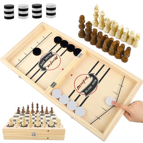 moopok Fast Sling Puck Game - 2 in1 Chess Board and Desktop Battle Super Winner Game,Fast Action Wooden Air Hockey Board Game,Adults and Kids Family Friend Funny Slingshot Game Toys - size: (2-in-1) Extra Large