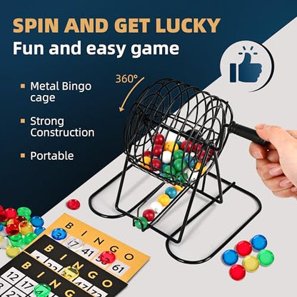 Doublefan Bingo Deluxe Game Set for Adults and Kids - Includes 8 Inch Wheel Cage, 75 Balls, Master Board, 50 Cards and Colorful Chips - Fun Family Game Night