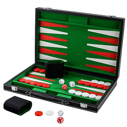 Backgammon Sets for Adults, 15" Backgammon Set Leather Large, Travel Backgammon Board Games - Classic Board Game (Green Inner Lining) - color: Green