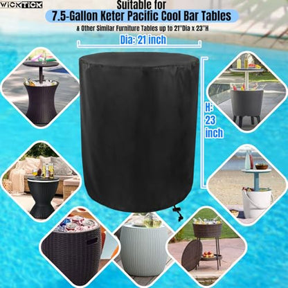 WICKTICK Waterproof Cover for Keter Pacific Cool Bar Outdoor Patio Furniture and Hot Tub Side Table with 7.5 Gallon Beer and Wine Cooler, Outdoor Round Pool Side End Table Cover (21” Dia x 23” H)