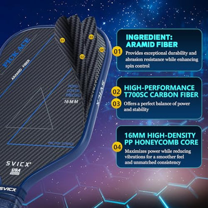 Carbon Fiber Pickleball Paddle 16mm – Professional Pickleball Paddles with Superior Control, Power & Spin – Extended Handle for Two-Handed Grip, USAPA Approved - color: Navy Blue
