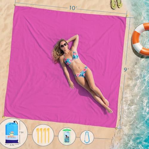 BYDOLL Beach Blanket Waterproof Sandproof Large Sand Free,78''X81''/10'X9' Oversized Sandless Lightweight Blanket Picnic Mat for Beach Travel Camping Hiking with Stakes - color: Raspberry, size: 10'X9'