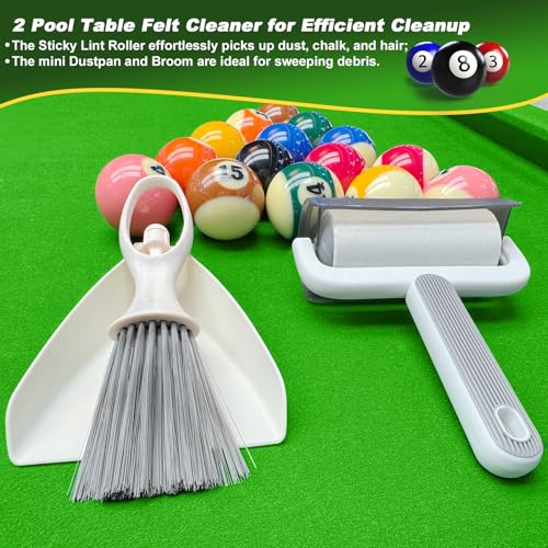 Billiard Pool Table Brushe Kit: 10 Piece Set with 2 Pool Table Brushes,2 Ferrule Polish Cloths,2 Cue Polish and Cleaning Cloths,Lint Roller,Dustpan and Broom,15 Marker Dots,15 Felt Repair Patches