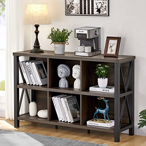 FATORRI Rustic 6 Cube Storage Organizer with Shelf, Wood and Metal Cubby Bookcase, Industrial Horizontal Bookshelf for Living Room, Home Office (Walnut Brown, 47 Inch) - color: Walnut Brown, size: Without Drawer
