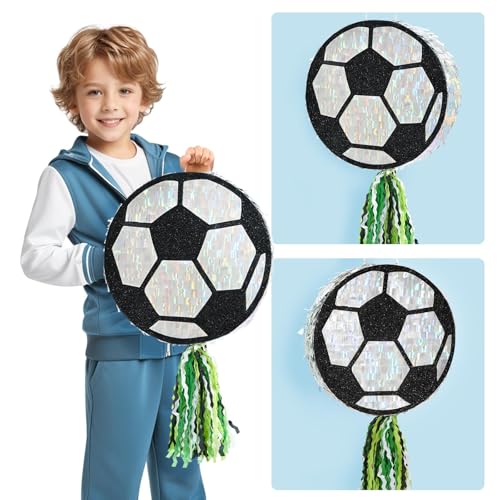 WERNNSAI Soccer Ball Piñata-Soccer Party decoration Piñata with Blindfold Bat for Kids Sports Themed Birthday Party Supplies Mirror Roller Skating Pull String - style: Soccer