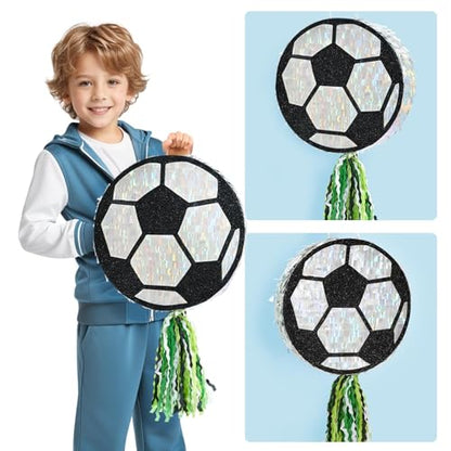 WERNNSAI Soccer Ball Piñata-Soccer Party decoration Piñata with Blindfold Bat for Kids Sports Themed Birthday Party Supplies Mirror Roller Skating Pull String - style: Soccer