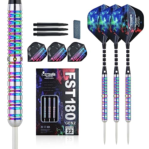 Formula Sports 90% Tungsten Steel Tip Darts Set - Professional Darts Metal Tip Set Available in 21g/22g/23g/24g, with Aluminum Shafts, Tungsten Barrels, Extra Flights, Sharpener - color: colorful, size: 21g