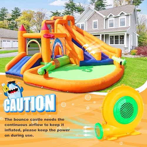Inflatable Bounce House, Triple Water Slide for Kids with Double Cannon, Climbing Wall, Jumping, Splash Pool, Basketball Hoop for Outdoor Backyard Party, 10 in 1 Giant Castle Included 550W Air Blower