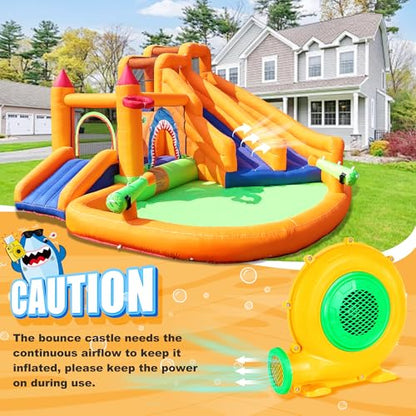 Inflatable Bounce House, Triple Water Slide for Kids with Double Cannon, Climbing Wall, Jumping, Splash Pool, Basketball Hoop for Outdoor Backyard Party, 10 in 1 Giant Castle Included 550W Air Blower