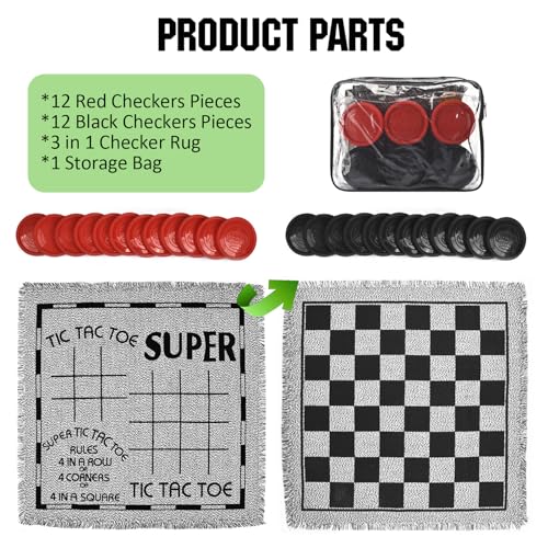 Giant Checkers Board Game Set,3 in 1 Jumbo Tic Tac Toe Game,Classic Checkers Board Game for Kids & Adults,Large Checkers Rug Game Mat,Indoor Outdoor Game for Family Camping Party