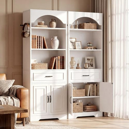IRONCK Bookshelf, 6 Tiers Bookcase with Storage Cabinet and Drawer, 71" Display Storage Shelves with Side Hooks for Living Room, Home Office