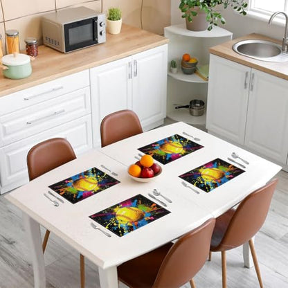 Baseball Games Tie Dye Table Placemats Set of 4,Softball Game Tie Dye Place Mats 12x18 Inch for Kitchen Table,Ball Games Sports Washable Mats Suitable for Restaurant - color: Blue Yellow