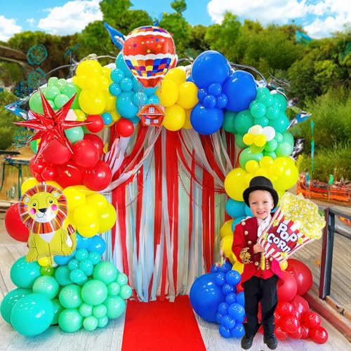 117PCS carnival circus Balloon garland kit with Red Blue Yellow Teal and Lion & Popcorn & Hot Air Balloon and Link Balloons for cartoon clown Theme birthday Party Decorations