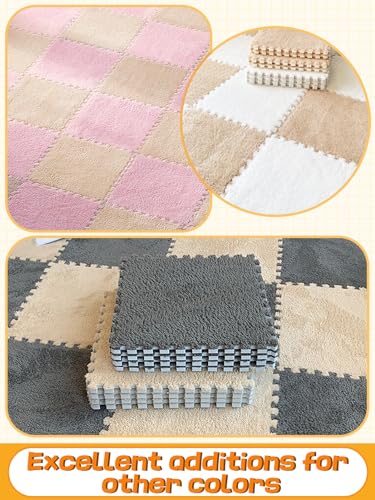 12 pcs Thickened Plush Foam Interlocking Floor Mat, Interlocking Foam Tiles with Edgings for Kids, Soft Anti-Slip Puzzle Area Square Rug Playmat for Children Room Bedroom(11.8", Light Brown) - color: Light Brown