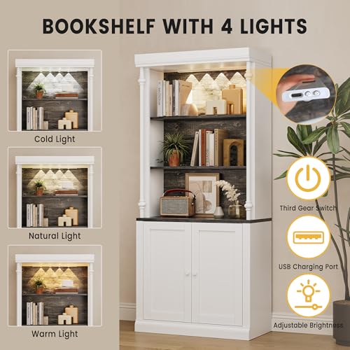 GarveeHome Tall Storage Bookcase with 3-Tier Open Shelves and Double Door, Roman Column Design and 4 Adjustable Lights, White & Black Wood Grain Display Storage Cabinet for Home Office, Living Room