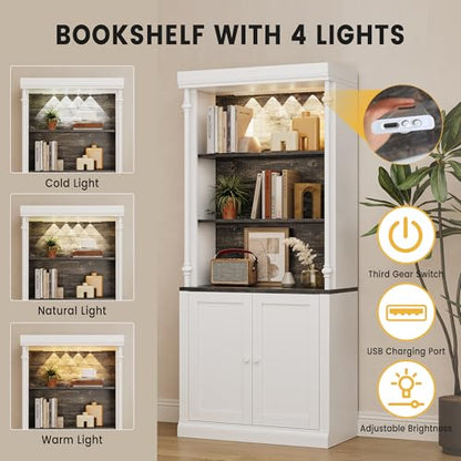 GarveeHome Tall Storage Bookcase with 3-Tier Open Shelves and Double Door, Roman Column Design and 4 Adjustable Lights, White & Black Wood Grain Display Storage Cabinet for Home Office, Living Room