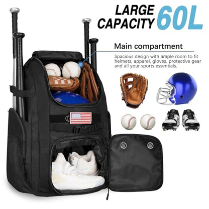 Goloni Baseball Bag, 60L Capacity Softball bag Holds 4 Bats for Youth & Adult, Baseball Bat Backpack with Shoes Compartment,Helmet Holder,Fence for Hook T-Ball, Softball Equipment, Baseball Gear - color: Black