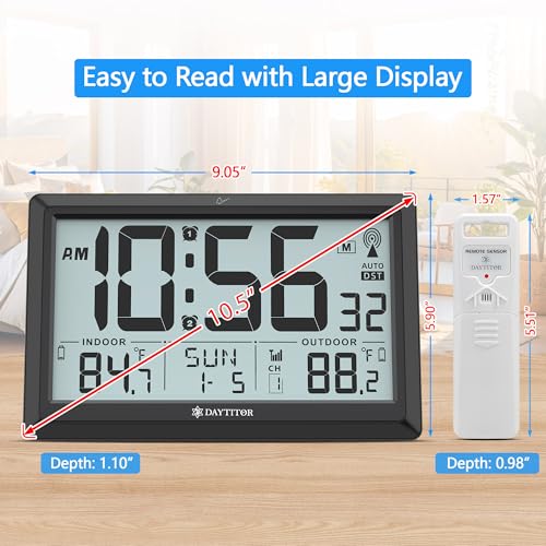 Atomic Clock Wall with Indoor/Outdoor Temp, Battery Operated Digital Wall Clock with 10.5" Large LCD Display, 330ft Range Desk Table Clock with Alarm, DST, Calendar for Living Room Bedrooms, Black - color: Black