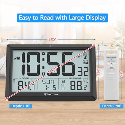 Atomic Clock Wall with Indoor/Outdoor Temp, Battery Operated Digital Wall Clock with 10.5" Large LCD Display, 330ft Range Desk Table Clock with Alarm, DST, Calendar for Living Room Bedrooms, Black - color: Black