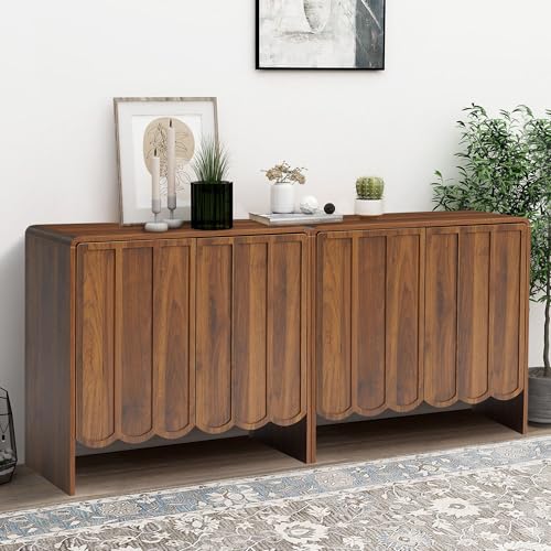 ORRD Sideboard Buffet Cabinet Set of 2, Accent Storage Cabinets with 2 Doors, Farmhouse Wood Cabinet with Adjustable Shelves and Wave Panel for Living Room, Dining Room, Entry - Walnut - color: 2 Doors Walnut 2 Sets