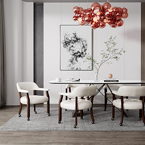 Set of 4 Dining Leather Chairs with Casters & Arms, Accent Captain Chair with Wheels, Roller Wood Wheeled Chairs for Kitchen & Game Poker Table,Cherry&Ivory 1533WT(NO Table!) - color: Cherry&ivory