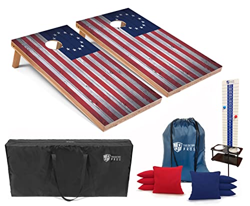 Tailgating Pros 4x2 Regulation Cornhole Boards Flag Set- Includes 8 Bean Bags, Carrying Cases, and Score Keeper - Optional LED Lights - color: 13 Stars Flag, size: 4'x2' Boards w/ LED Ring Lights