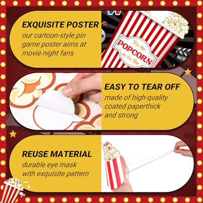 Faccito Movie Night Party Pin The Popcorn on The Box Large Poster with 24 Popcorn Stickers Blindfold Carnival Set for Movie Theater Carnival Birthday Party Decoration Activities Supplies - style: Movie