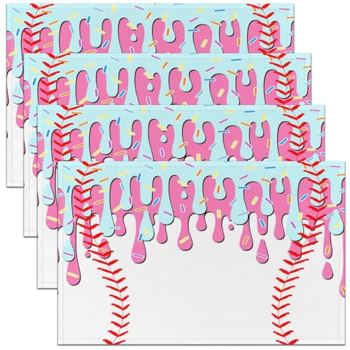 Castle Fairy Ice Cream Drip Baseball Kids Placemats Set of 4,Baseball Bat Ball Sport Game Table Place Mats,Geometric Stripes Patchwork Kitchen Decor,Pink Blue Placemat Kitchen Table Decoration 12"x18" - color: Pink Blue