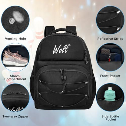 WOLT Bowling Ball Bag,2 Ball Bowling Backpack with Protective Foam Padded & Shoe Compartment Fits Up to Mens Size 16 - color: Black