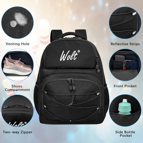 WOLT Bowling Ball Bag,2 Ball Bowling Backpack with Protective Foam Padded & Shoe Compartment Fits Up to Mens Size 16 - color: Black
