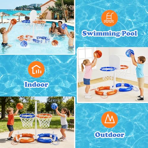 VROGTIK Dual Pool Basketball Hoop, Summer Toys for 3-12Years Kids Floating Pool Toys Ring Game with 4 Balls 8 Rings & Pump Outdoor Swimming Pool Basketball Games Water Play Toy for Boys & Girls - style: Dual Hoop