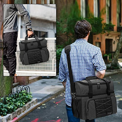 DSLEAF Bowling Bag for 2 Balls, Bowling Tote with Wooden Bowling Cups and Padded Divider for Double Ball and A Pair of Bowling Shoes Up to Mens 16 and Extra Essentials (Patent Design), Bag Only - color: black