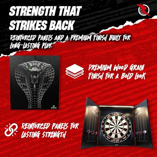 Ruthless Home Darts Centre with or Without LED Light Options | Home Dart Board Centre Including Cabinet, Dartboard and 2 Sets of Darts. - style: Cobra + LED Light