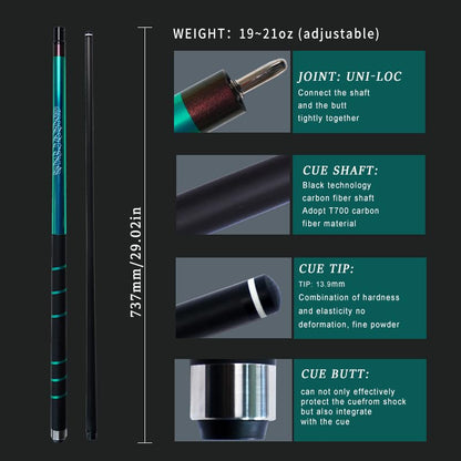 100% Carbon Fiber Shaft Billiard Cue 58" 19-21oz 1/2 Joint Carbon Fiber Pool Cue Stick 12.9mm Cue Tip - color: Green