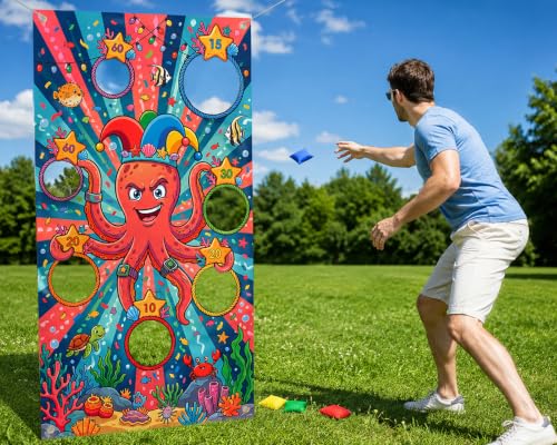 DS. DISTINCTIVE STYLE Ocean Theme Toss Game Banner with 4 Bean Bags for Carnival Party, Indoor Outdoor Activities Birthday Party Decoration