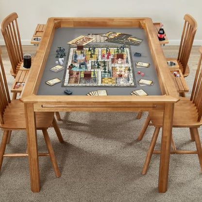 Board Game Table with Removable Table Top, Seats 4 to 6 Players with 57in x 33in Play Area, Includes Play Mat, Detachable Cup Holders and Dice Trays, Minimal Assembly Required - color: Honey Oak
