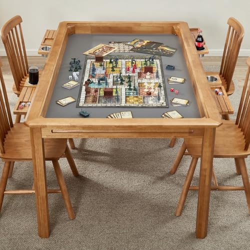 Board Game Table with Removable Table Top, Seats 4 to 6 Players with 57in x 33in Play Area, Includes Play Mat, Detachable Cup Holders and Dice Trays, Minimal Assembly Required - color: Honey Oak