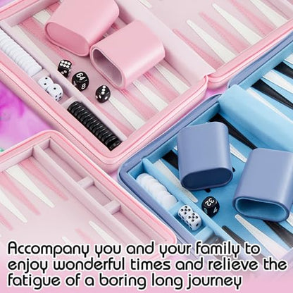 Jerify Travel Backgammon Set Board Games for Adults Portable Backgammon 9.4 x 7.1 inches Leatherette Case Classic Strategy Game for Families Companion Airplane, Camping(Pink) - color: Pink