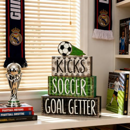 DIYDEC 4Pcs World Cup Tabletop Decorations Soccer Wooden Block Signs Gift RusticSoccer Goal Tiered Tray Decor World Cup Table Centerpiece for Home Office Tabletop Fireplace Party Decor - style: Soccer