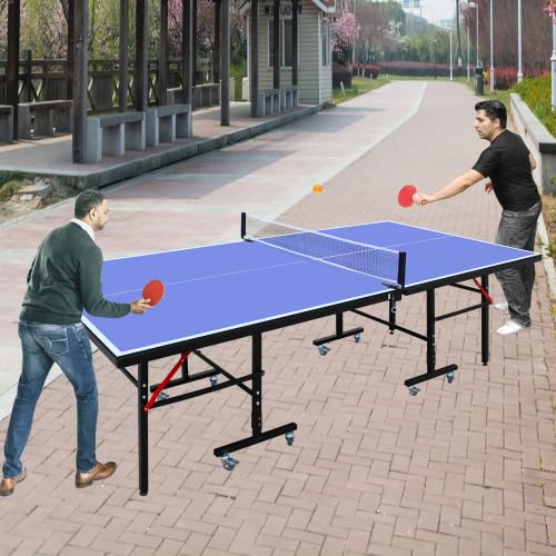 8ft Mid-Size Table Tennis Table Foldable & Portable Ping Pong Table Set for Indoor Games with Net, 2 Table Tennis Paddles and 3 Balls - style: 8ft Mid-Size