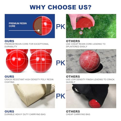 Bocce Ball Set Regulation Size and Weight for Professional Tournament, Backyard, Beach, Lawn Game with 8 Resin Bocci Balls, Pallino, Measuring Rope, Carrying Bag - style: 107mm Red and Green