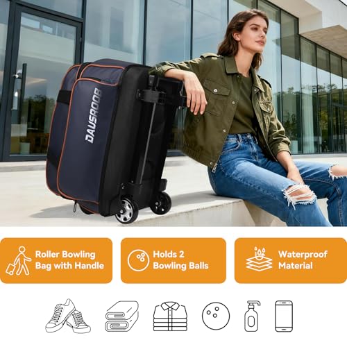 2 Ball Bowling Bag with Wheel,900D Oxford Waterproof PU,Dual Roller Bowling Bag with Sturdy Frame,Large Shoe Compartment Fits Up to Men’s 16,Rolling Bowling Tote, Handle Extends to 39.5" - color: Blue