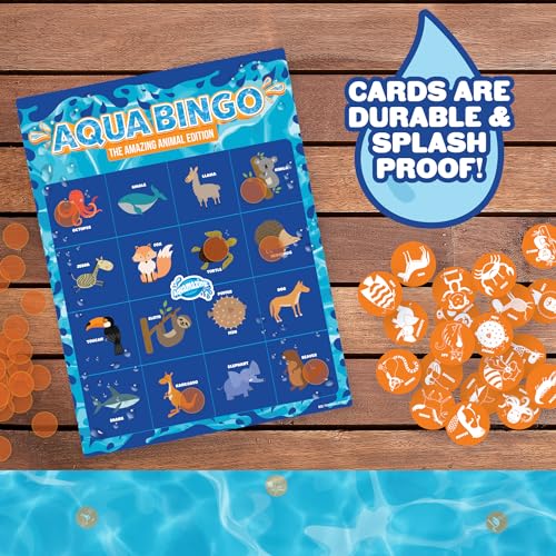 Pool Bingo Diving Game for Kids- Summer Party Fun Edition Toy- Dive & Call 30 Sinking Animal Themed "Numbers", Fill Your Card- 150 Marker Chips & 16 Double Sided Waterproof Play Cards & Carrying Bag - style: Animal