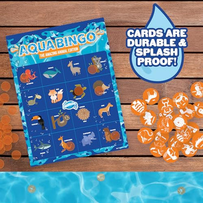 Pool Bingo Diving Game for Kids- Summer Party Fun Edition Toy- Dive & Call 30 Sinking Animal Themed "Numbers", Fill Your Card- 150 Marker Chips & 16 Double Sided Waterproof Play Cards & Carrying Bag - style: Animal