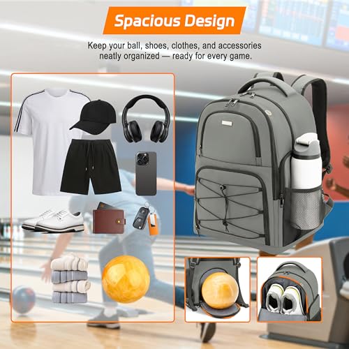 Bowling Ball Backpack with Shoe Compartment, Single Ball Bag for Men & Women, Protective Ball Holder & Ventilated Shoe Storage, Multi-Pocket Bowling Gear Bag for League & Casual Bowlers - color: Charcoal Grey